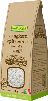 Produktbild von Rapunzel Langkorn Spitzenreis weiß 1000 g, Reiskorn, 1 kg, Italien, 349 kcal, 1480 kJ, 0,6 g