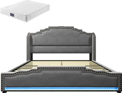 Produktbild von Polsterbett 140x200cm Grau Mit Matratze Doppelbett 4 Schubladen LED-Beleuchtung USB-C-Ladeanschluss Stauraumbett Jugendbett Lattenrost Samt