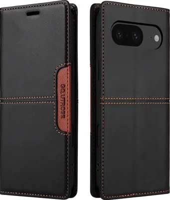 A black leather flip wallet phone case for a Google Pixel 8 is shown from two angles.