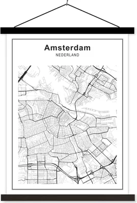 Produktbild von MuchoWow® Textilposter Stadtplan - Amsterdam - Schwarz und weiß 60x80 cm mit schwarzem Rahmen - Plakathalter