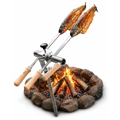 Produktbild von Steckerlfisch Halter für Lagerfeuer mit 2 Edelstahlspießen