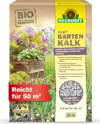 A product package for garden lime, with a garden scene depicted on the front.