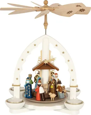 Produktbild von Pyramide Geburt Christi mit Teelichter und Kerzen weiß Höhe 27cm NEU