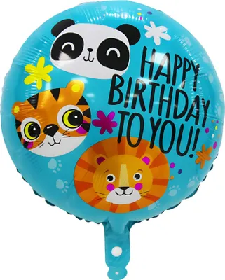 Zdjęcie produktu dla Balon foliowy Happy Birthday, okrągły 45 cm, niebieskie zwierzęta