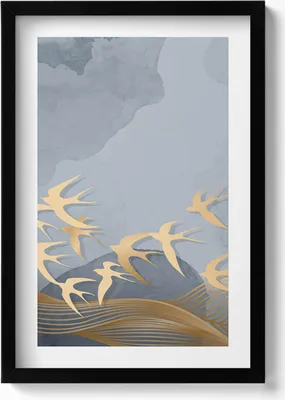 Produktbild von Illustration von fliegenden Vögeln– Wandbild mit Rahmen – Gerahmtes Bild  – Wanddekoration – 40x60 cm –  Schwarz