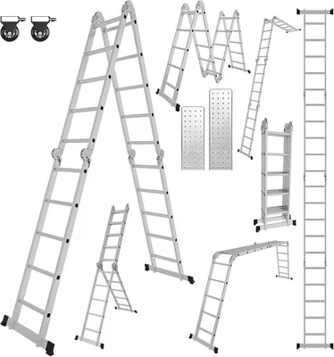 Imagen del producto de Escalera multifunción 4x4 con 4.7 metros de altura, 7 en 1, de aluminio. Capacidad de hasta 150 kg. Escalera multifuncional con 2 ruedas de transporte y 2 plataformas. Escalera plegable, escalera de aplicación, escalera de tijera