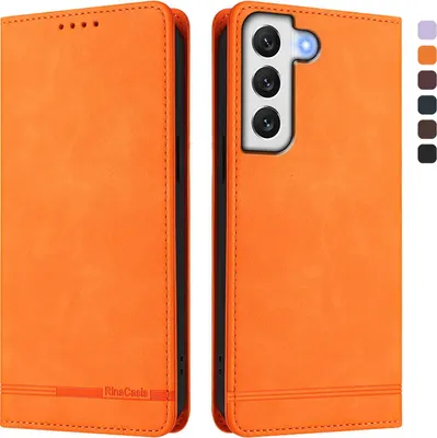 Produktbild von Hülle für Samsung Galaxy S22 5G, Retro Kunstleder Ständer Klapphülle mit Kartenfächer und Magnetische Orange