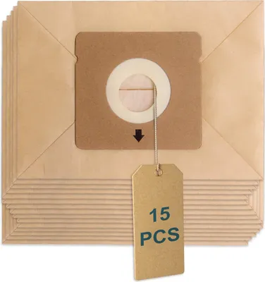 A stack of brown paper vacuum cleaner bags with a tag indicating the quantity.