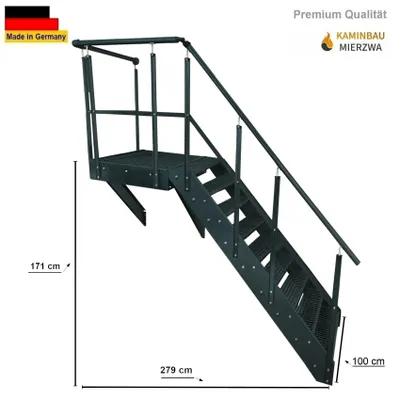 Produktbild von Podesttreppe Wangen- Stahltreppe 9 Stufen Höhe 190cm inklusive Podest 100x100cm mit Geländer Anthrazit / Ausrichtung Treppe Rechts / Aussentreppe
