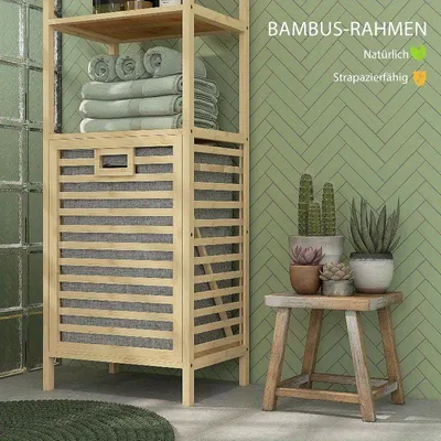 Produktbild von Bambus-Regal – Aufbewahrungsregal mit 3 Ablagen und 2 Stoffkörben – 44x33x160 cm