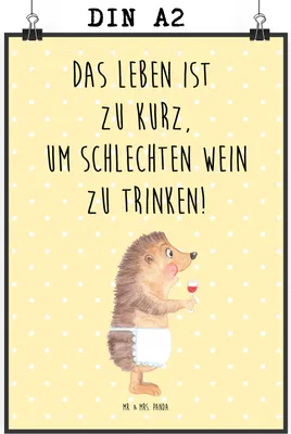 Produktbild von Mr. & Mrs. Panda Bild Igel Wein DIN A2 - Gelb Pastell - Geschenk, wandkunst, Spruch, Lustige Sprüche, wanddeko, Plakat, Deko, Rotwein, Weißwein, Kunstdruck, drucke