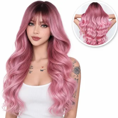 Produktbild von Rosa Perücke Frau - Langes gewelltes Haar - Balayage - Damenperücken - Perücken - Waschbar - Kämmbar - Hochwertig - Perücken Damen - 70 cm