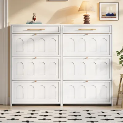 Produktbild von Schuhschrank weiß mit 12 Fächern, 140x25x123.5cm, mit 2 Schubladen aus MDF für Flur, Eingangsbereich und Büro