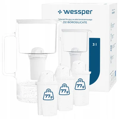 Obrázek produktu pro Wessper D2 BOROSILICATE 3l konvice s filtrem na vodu, bílá – skleněná konvice s filtrem a 4 filtry AquaClassic, bez BPA
