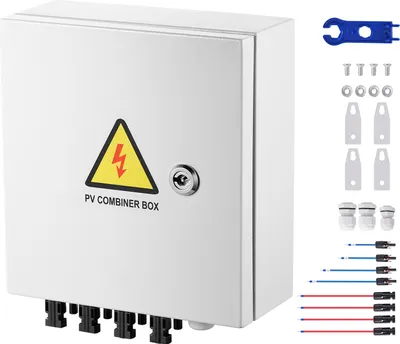 Zdjęcie produktu dla SucceBuy PV combiner box, 4-żyłowa solarna skrzynka łączeniowa, bezpiecznik 15 A, wyłącznik 63 A, odgromnik, przyłącze solarne, obudowa stalowa, IP65