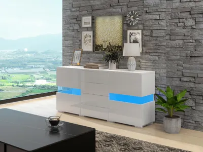 Produktbild von Sideboard Hochglanz Weiß Kommode mit LED-Beleuchtung 2 Türen 4 Schubladen Breite 140cm Schrank, Esszimmer Anrichte Küchen