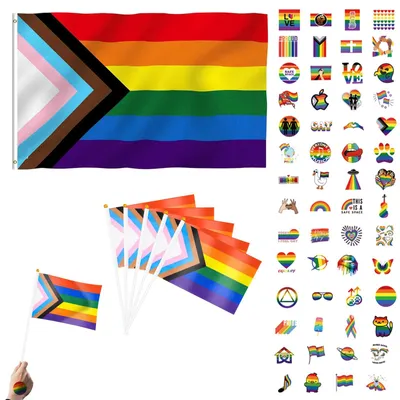 Produktbild von Pride-Set mit Regenbogenflagge, 5 kleinen Flaggen und 55 Aufklebern