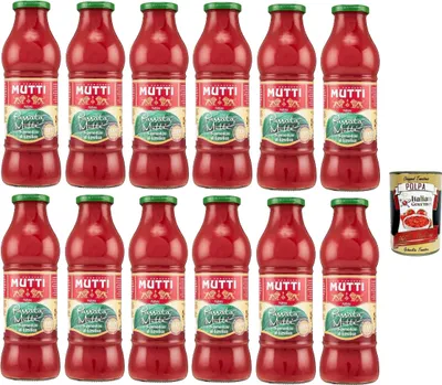 Produktbild von Mutti Passata di Pomodoro al Basilico 12x700g Glas, italienisches Tomatenpüree & Tomatensauce mit Basilikum aus Italien für Pasta, Pizza & Saucen, Vorratspack + Italian Gourmet polpa