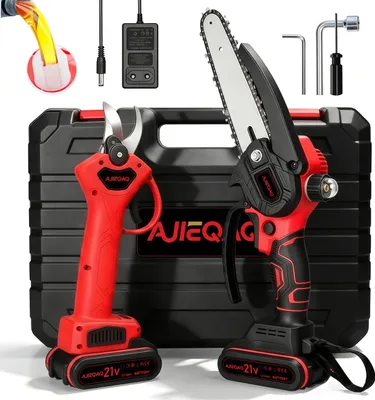 Produktbild von AJIEQAQ 21V Brushless Akku Astschere Set mit 6 Zoll Mini Akku-Kettensäge, 25 mm SK5 Stahlklinge, 2 Akkus, für Garten, Obstbäume und Sträucher