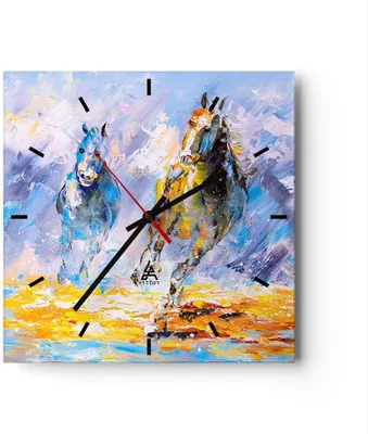 Produktbild von Wanduhr - Quadrat - Glasuhr - Pferd Natur Tier - 30x30cm - Schleichendes Uhrwerk - Lautlos - zum Aufhängen bereit - Dekoration Modern - Wanddekoration aus Glas - C3AC30x30-3434