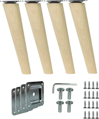 A set of four wooden furniture legs with mounting plates and screws, displayed on a white background.