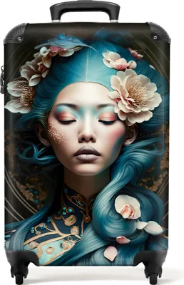 Produktbild von NoBoringSuitcases.com® Koffer Handgepäck Trolley Rollkoffer Kleine Reisekoffer mit 4 Rollen - Frauen - Blumen - Porträt - Asiatisch - Cabin Size < 55x40x23 cm & 55x40x20 cm - Fotokoffer - Kabinenkoffer - BoardgepäckHandgepäck Koffer 55x35x20 cm, 36L,