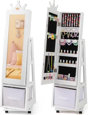 Produktbild von GOPLUS Kinder Schmuckschrank, 360° drehbarer Spiegelschrank mit Ganzkörperspiegel, Schublade, Haken& Ablagen, Schmuck-Organizer, Weiß