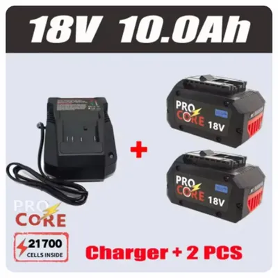 Zdjęcie produktu dla Zestaw akumulatorów litowo-jonowych 18 V – ogniwa 21700 o pojemności 10,0 Ah – 2 akumulatory + 1 ładowarka – 10 000 mAh – kompatybilny z modelami BAT609/BAT618/GBA18V80 – do narzędzi akumulatorowych 18 V
