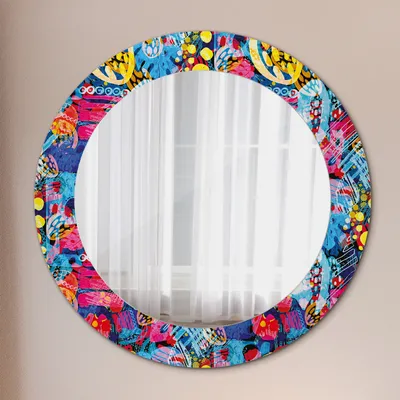 Produktbild von Modern Spiegel - Wandspiegel Design Wandmontage – Badspiegel mit Aufdruck - Rundspiegel - Bunt Kritzeleien - Rund: Ø60 cm