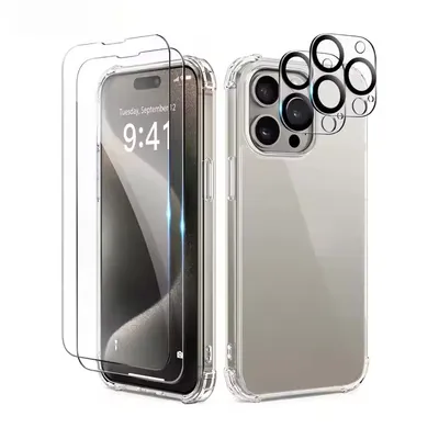 A product shot of an iPhone 15 Pro protective accessory set, including screen protectors, camera protectors, and a clear case.