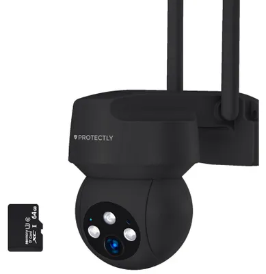 Produktbild von Protectly® 3K Überwachungskamera Außen – WLAN Kamera mit 5MP, 355° PTZ, Nachtsicht, Zwei-Wege-Audio, Sirene & 64GB SD