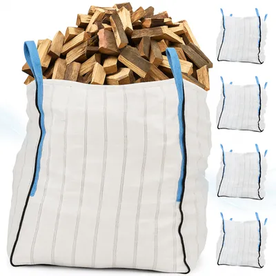 A large white fabric bag filled with chopped firewood, with smaller bags shown to the right.