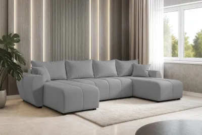 Image de AX LIVING Malatya U Canapé avec fonction sommeil Canapé d'angle gris clair 311 cm