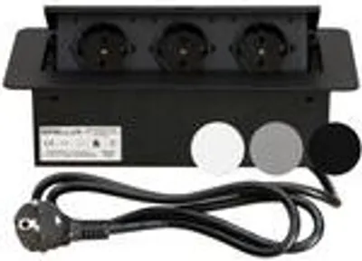 A black retractable power strip with three outlets, a power cord, and three decorative caps (white, gray, black).