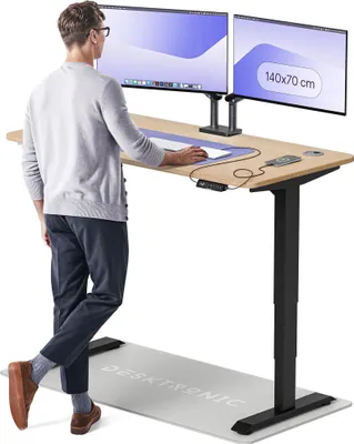 Image de Desktronic HomePro Bureau électrique réglable en hauteur 140x70cm bambou/noiravec fonction mémoire, technologie anti-collision, ports de charge USB-A et USB-C