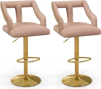 Produktbild von 2er-Set Barhocker - Drehbar - Höhenverstellbar 63–85 cm - Samt - Mit Rückenlehne & Fußstütze - Rosa/Gold