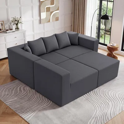Produktbild von HOMMPA Ecksofa L-Form, modulares Cordsofa, frei kombinierbar, mit Kissen, montagefrei, Komplettset (Linkes+Mittleres+Rechtes+Ottomane)