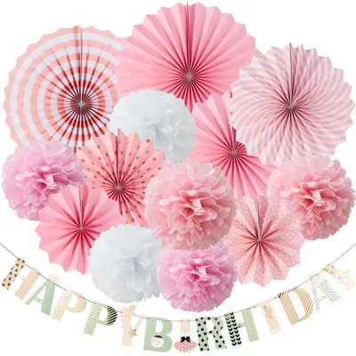 Produktbild von Geburtstagsdeko Set Mädchen Rosa Happy Birthday Girlande Fächer Pompoms 10-teilig