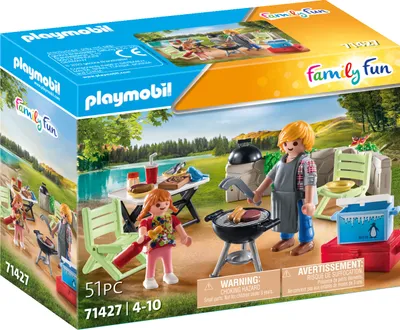 A Playmobil Family Fun BBQ set packaging showing a family having a picnic by a lake.