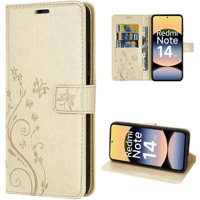 Image de Coque pour Xiaomi Redmi Note 14 5G, Anti-Rayures Protection 360 Degré Effet Cuir Doré Motif Plante Papillon