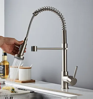 Immagine prodotto di Rubinetto estraibile da cucina, miscelatore da cucina con molla a spirale a 360°, rubinetto da cucina, spray a due funzioni, grigio,