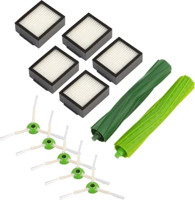 A set of replacement parts for an iRobot Roomba vacuum cleaner, including filters, brushes, and rollers, laid out on a white background.
