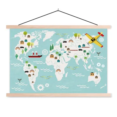 Produktbild von MuchoWow® Textilposter Weltkarte - Kinder - Flugzeug - Boot - Jungen - Mädchen 60x40 cm mit holzfarbenen Rahmen - Bilder