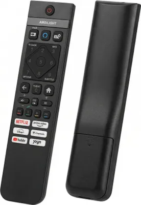Two black remote controls are shown against a white background. One remote is shown from the front, displaying its buttons and labels. The other remote is shown from the back, with its battery compartment visible.