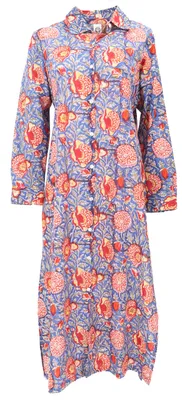 Produktbild von Boho Hemdkleid, Lange Geschlitzte Tunika Blockdruck - Blau/rot, Damen, Baumwolle, Größe: S