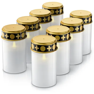 Zdjęcie produktu dla Zestaw 8 lamp LED do grobów, zasilanych bateriami, z efektem migotania i ciepłym, białym światłem (3000 K), czas świecenia około 4 miesiące na jednym zestawie baterii, odporne na warunki atmosferyczne, 8 sztuk, kolor biały