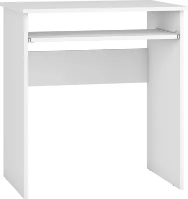 A white PC desk with a shelf.