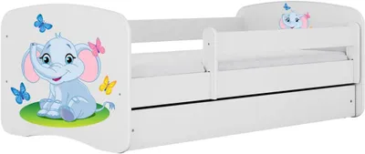 Produktbild von Babybett in Weiß, 80 x 180 cm, mit Schublade, Matratze und Elefantenmotiv