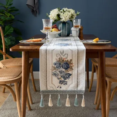 Obrázek produktu pro Běhoun na stůl - Jacquard - Bílý - 35,6 x 140 cm - Střapce