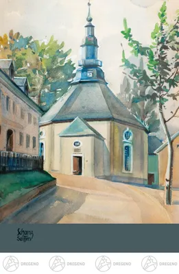 Productafbeelding van Kunstkaart Max Schanz, "Kleuren van het gebergte", kerk van Seiffen. Afmetingen ongeveer 14,8 cm x 10,5 cm. Nieuw